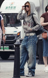 Vintage Washed Rivet Design Wide Leg Jeans