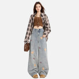 Retro Loose Embroidered Bear Denim Jeans