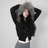 Cozy Patchwork Furry Zipper Hooded Sweatshirt