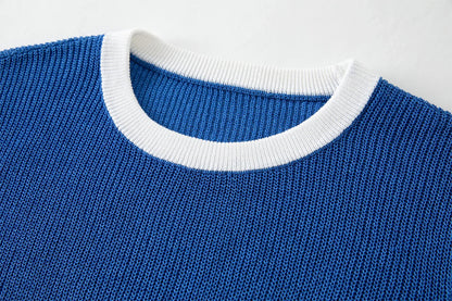 Women Retro Casual Blue Nautical Style Knit T-Shirt