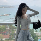 Button Thin Knitted Long Sleeve Crop Top