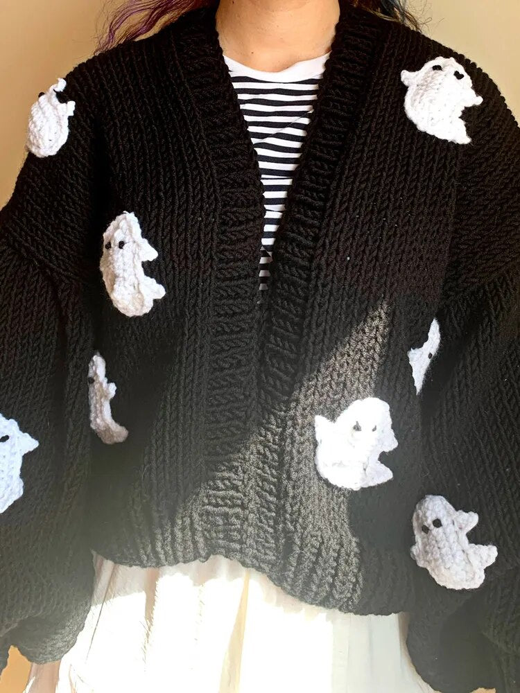 Halloween Ghosts Embroidery Cardigan Sweater