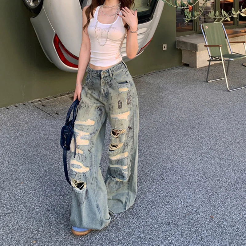 Vintage American Style Low Rise Ripped Jeans