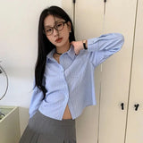 Women Classic Chic Blue Striped Long Sleeve Shirt