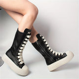 Stylish Zipper And Lace-Up Mid-Calf Boots