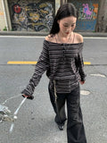 Women Streetwear Vintage Striped Slash Neck Grunge T-Shirt