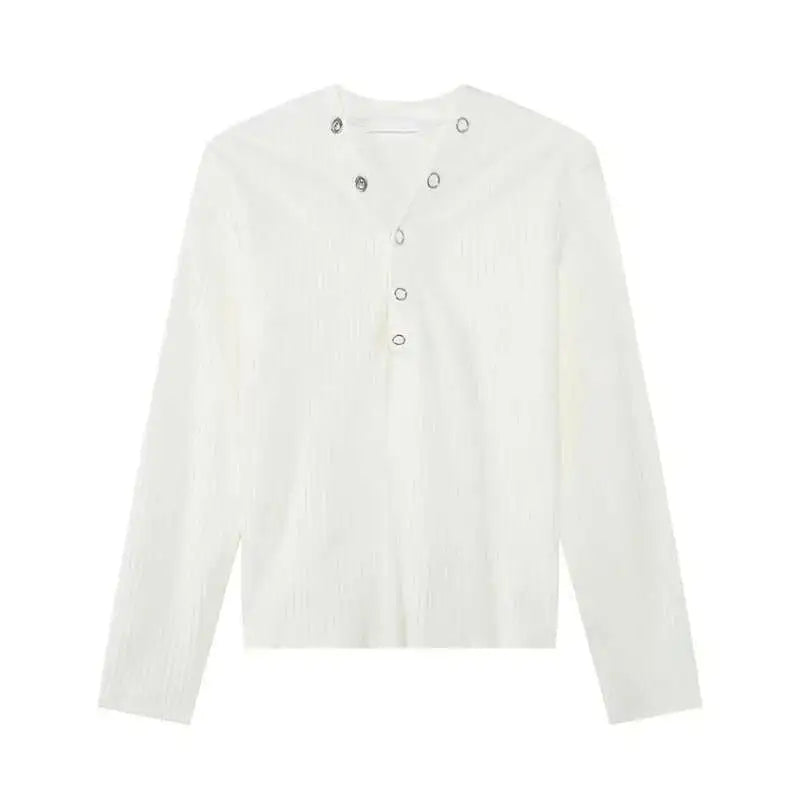 V-neck Knitting Button Long Sleeved T-shirts