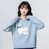 Women Retro Cute Blue Oversize Bow Sweater