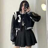 Punk Style Black White Leather Varsity Jacket