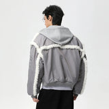 Stylish Patchwork Frayed Hooded Baseball Jacket