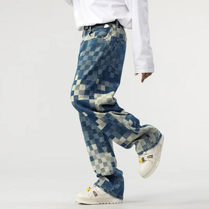 Vibrant Mosaic Checkerboard Printed Jeans
