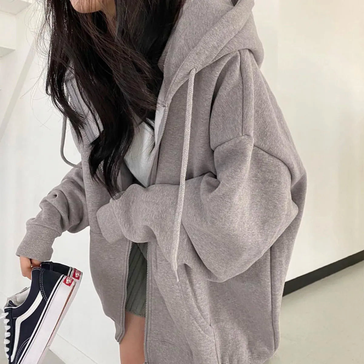 Oversized Solid Color Zip-up Hoodie