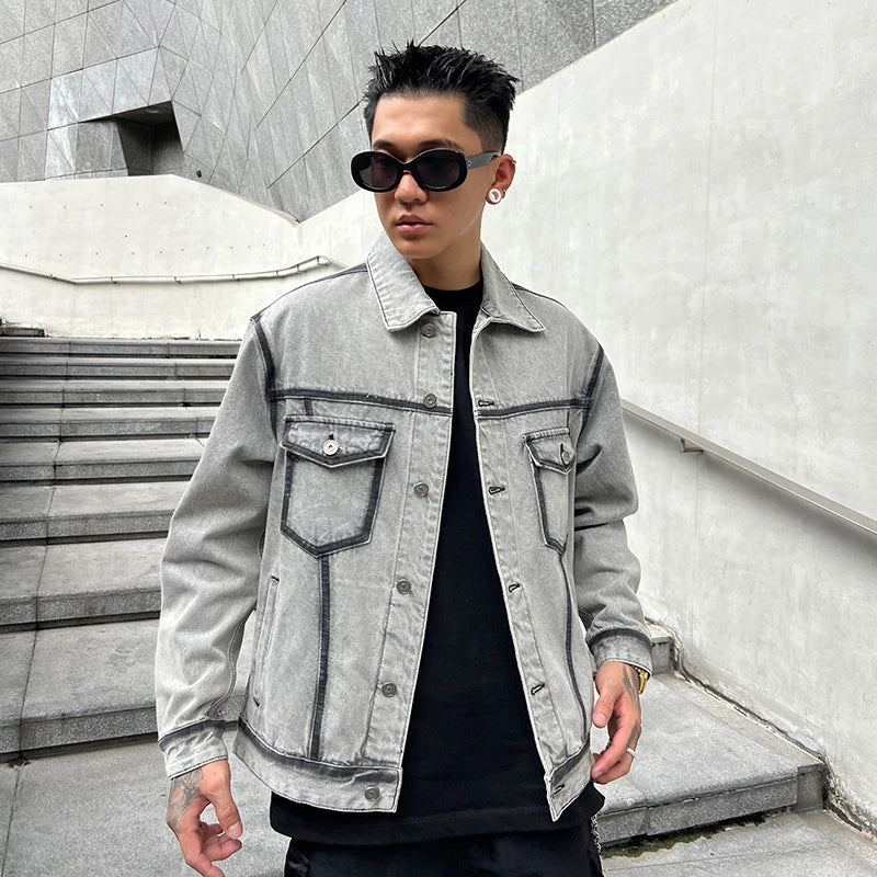 Gray Korean Style Vintage Motorcycle Denim Jacket