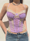 Model wearing the purple Lace-Trimmed Ruched Bustier Top
