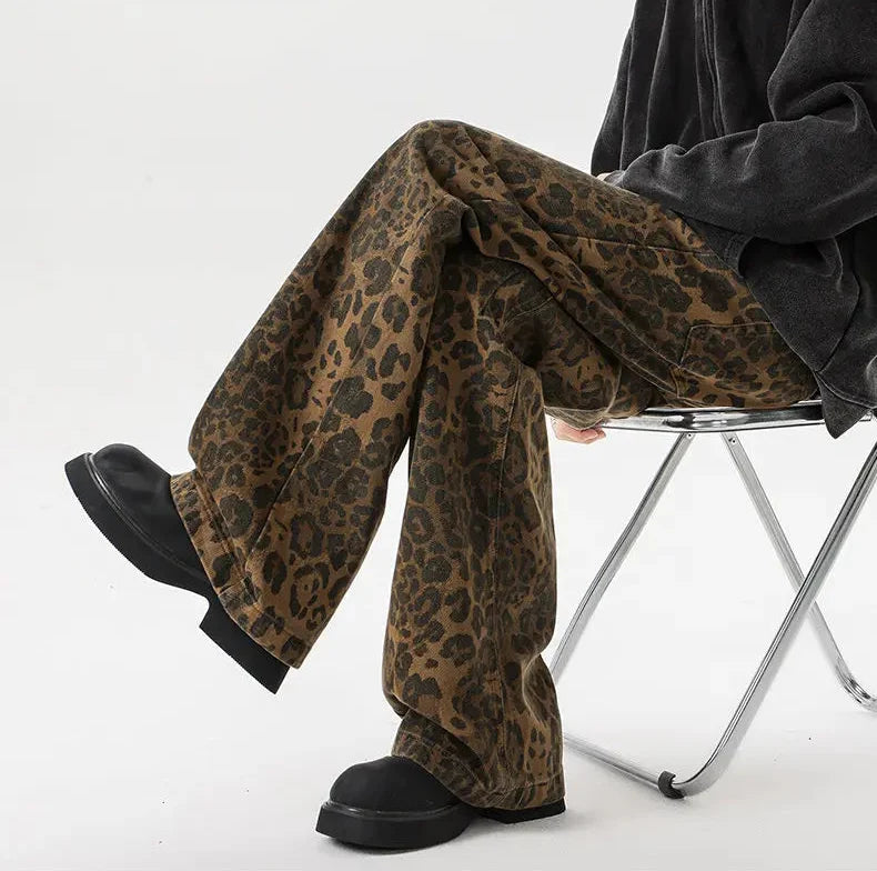 Streetwear Leopard Print Wide Leg Denim Jeans