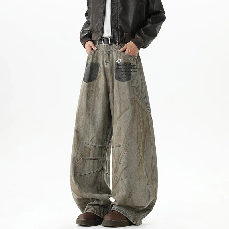 American Style Star Printing Dirty Dying Denim Jeans