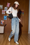 Durable Distressed High Waist Wide Leg Jeans