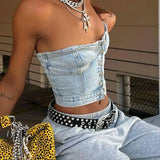 Y2K Button-Up Denim Bustier Top