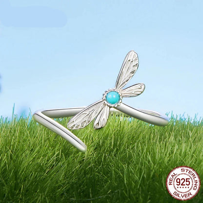 Elegant Turquoise Dragonfly Adjustable Statement Ring