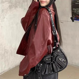 Women Red Retro Lapel Leather Jacket