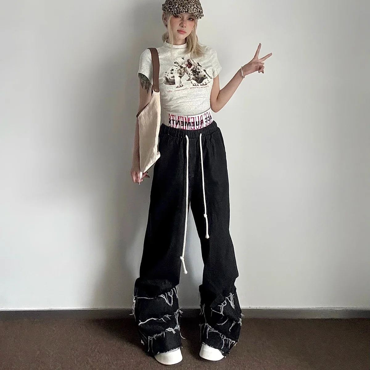 Elastic Waist Drawstring Camouflage Flare Jeans