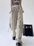 American Style Solid Pleated Wide Leg Cargo Pants