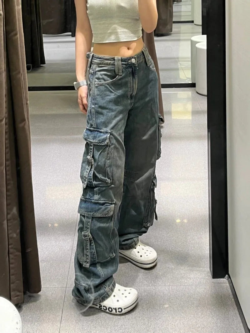Model wearing the blue Utility Style Cargo Pants