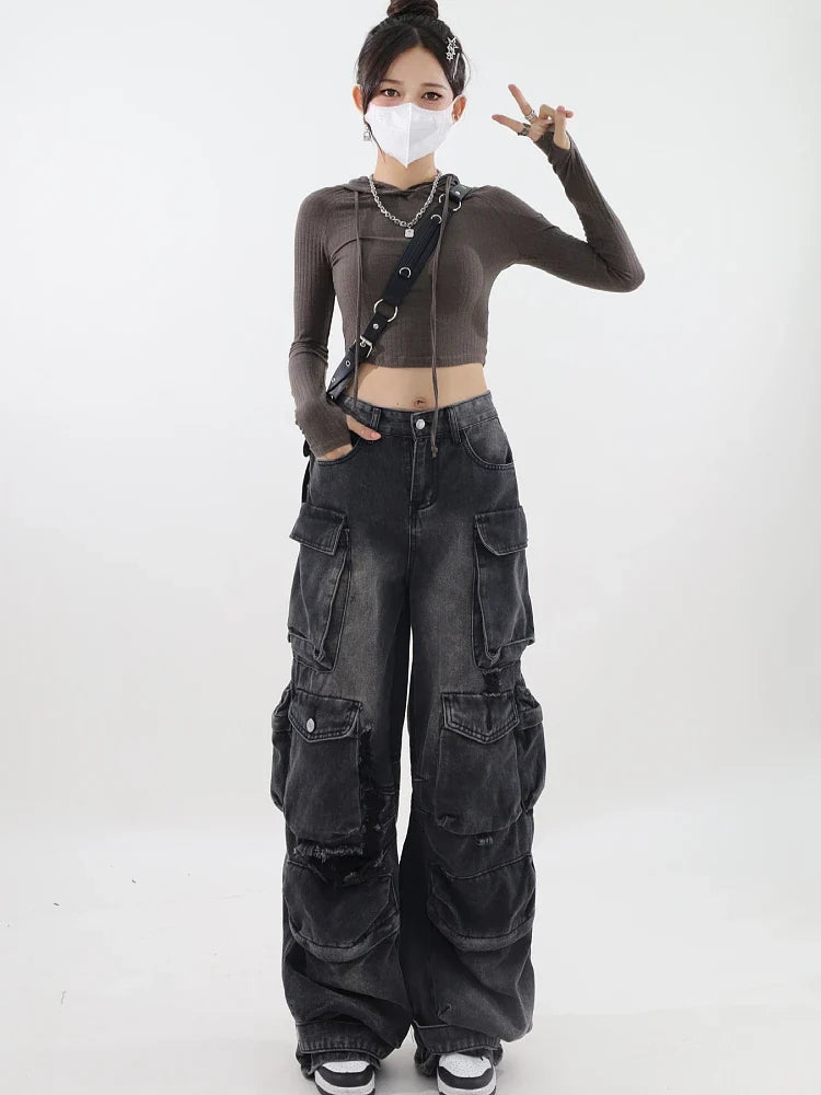 Y2K Belted Dark Wash Cargo Jeans