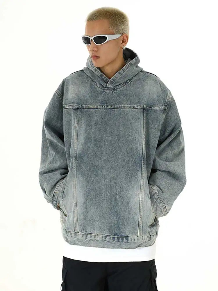 Breathable Patchwork Blue Wash Denim Hoodie