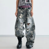 Star Printed Streetwear Wide Leg Denim Jeans
