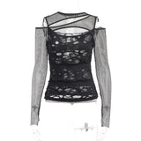 Dark Gothic Frayed Fishnet Patchwork T-Shirt