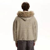 Streetwear Striped Fur Hooded Knit Cardigan