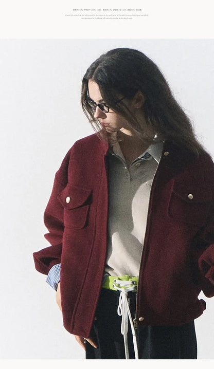 Red Woolen Commuting Baseball Jacket