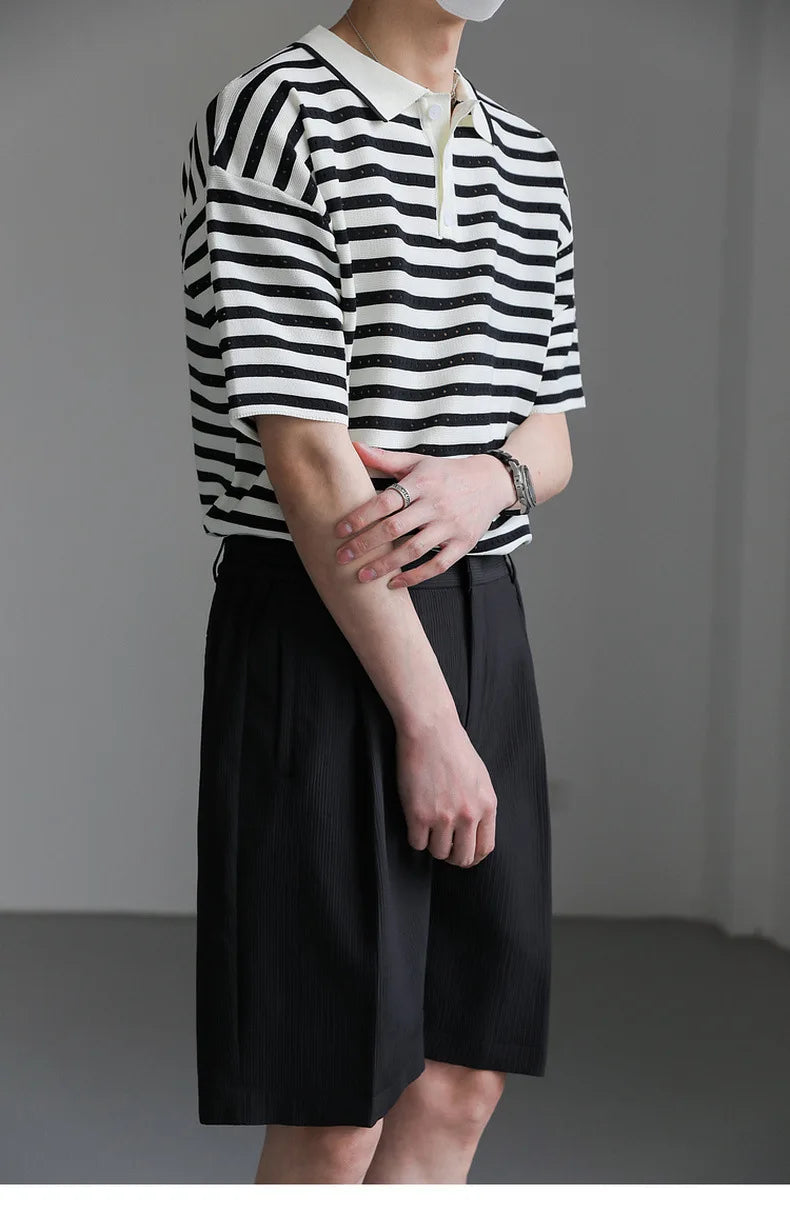 Classic Luxury Striped Polo Button Down T-Shirt