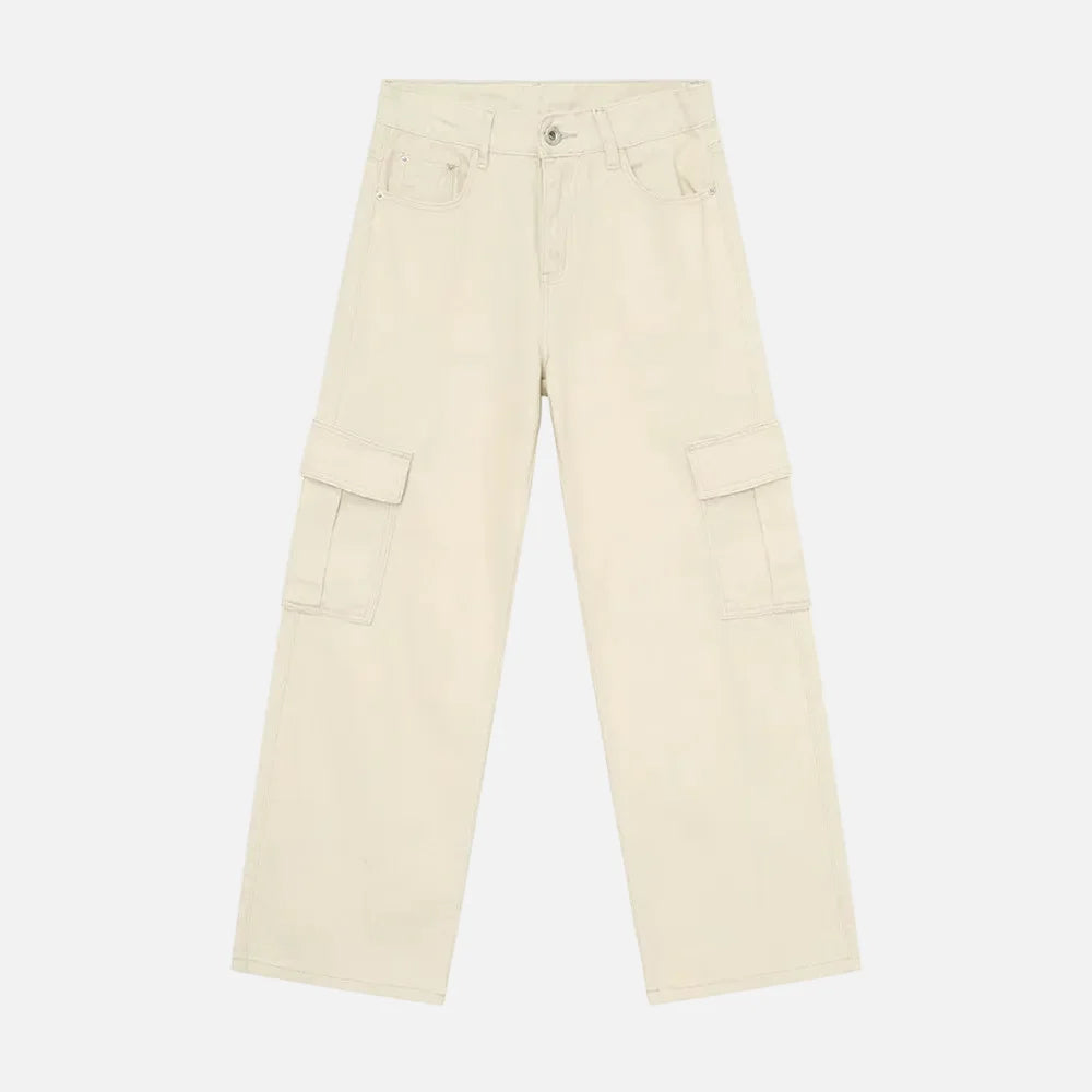 Trendy Solid Color Washed Denim Cargo Jeans
