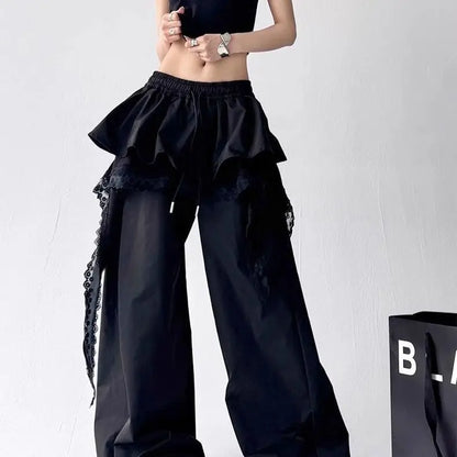 Contrasting Color Patchwork Lace Wide Pants