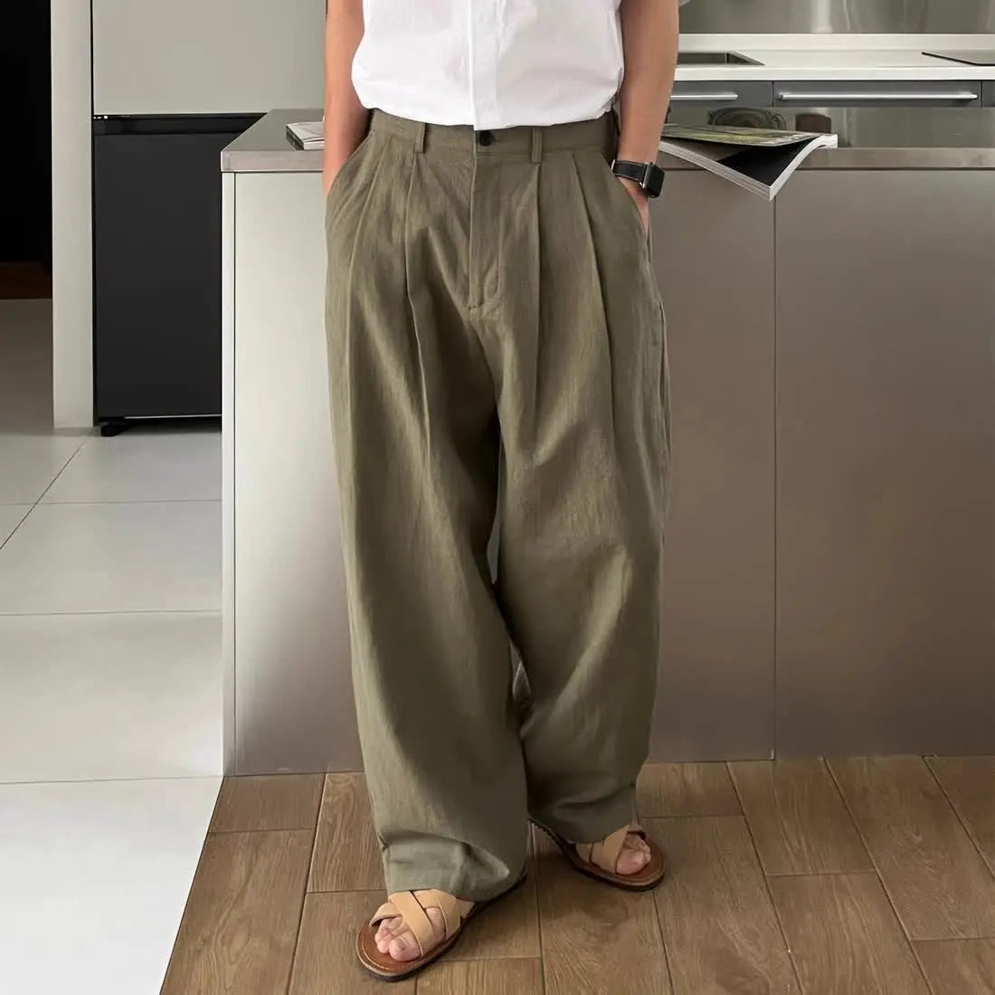 High End Military Green Linen Pants