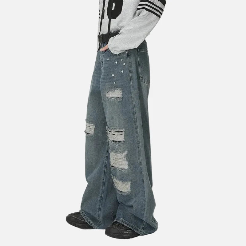 Stylish Patchwork Metal Studs Distressed Jeans