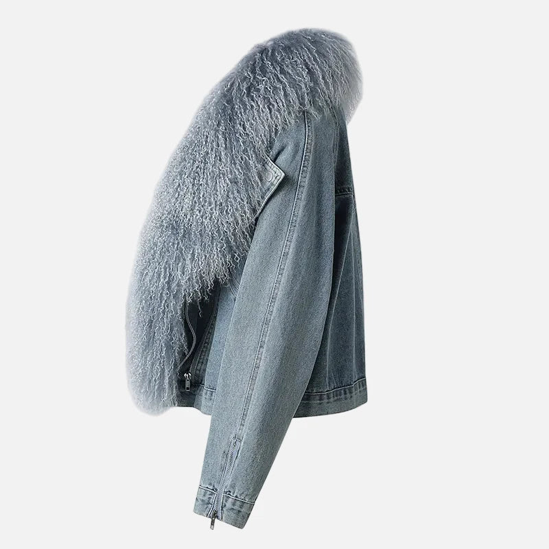 Stylish Mongolian Faux Fur Collar Denim Jacket
