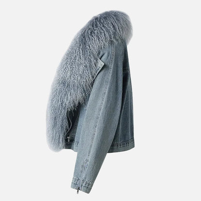 Stylish Mongolian Faux Fur Collar Denim Jacket