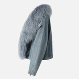 Stylish Mongolian Faux Fur Collar Denim Jacket