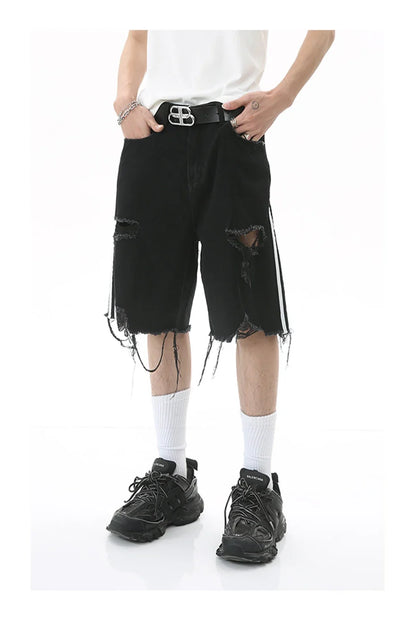 Side-Striped Ripped Denim Shorts