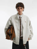 Oatmeal Melange Minimalist Stand Collar Bomber Jacket