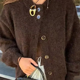 Brown Elegant Knitted Button Casual Cardigan
