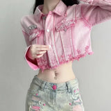 Pink Ripped Hip Hop Short Denim Jacket