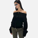 Soft Slash Neck Knitted Off Shoulder Cardigan