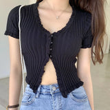 Model wearing the black Ribbed Button-Up T-Shirts 