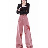 Women Star Pink Letters Printed High Waisted Jeans