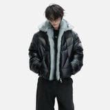 High Quality Splicing Design Stand Neck Fur Leather Jacket