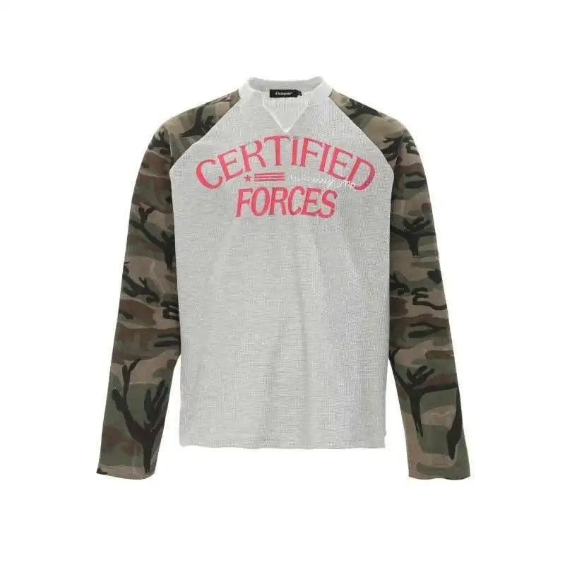Vintage Camo Henley Collar Long T-Shirt